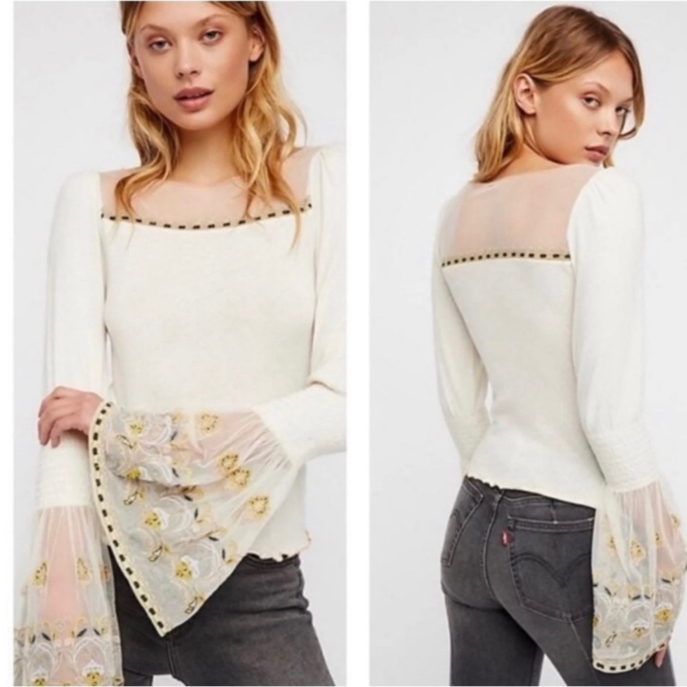Free People High Tides Embroidered Ivory Bell Sleeve Mesh Top Size XS